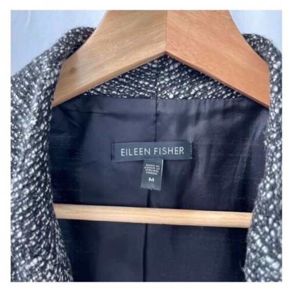 Eileen Fisher Women’s Size Medium Linen Tweed Leather Trim Zip Front Jacket Grey - Picture 2 of 5